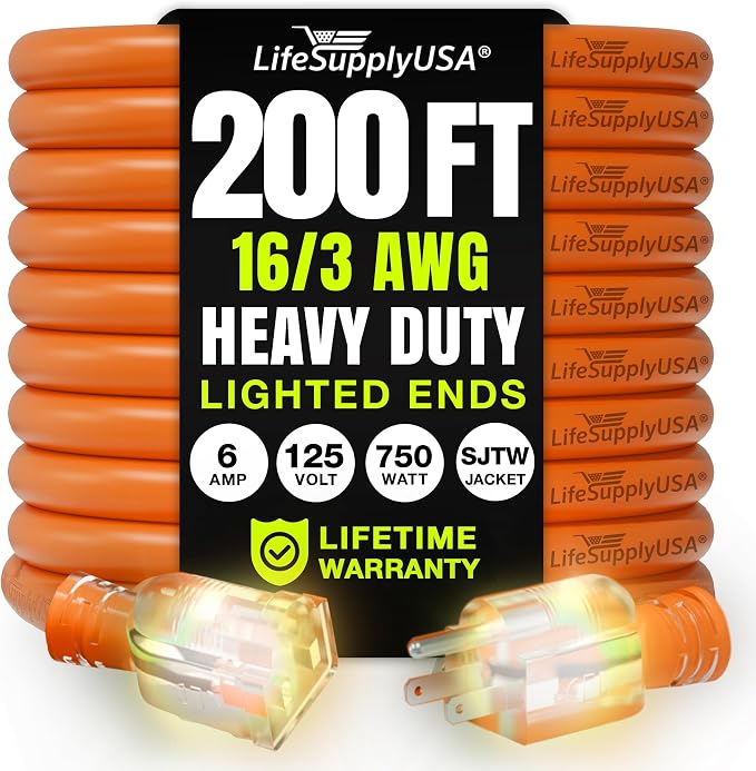 200ft Outdoor/Indoor Extension Cord 16/3 Gauge Heavy Duty 3 Prong SJTW by LifeSupplyUSA