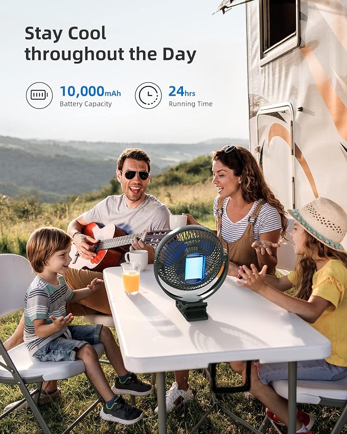 Koonie 10000mAh Rechargeable Portable 8-Inch Clip-on Fan, USB Car Fan 4 Speeds - Image 3
