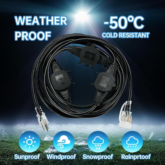 20FT 16 Gauge Multi-Outlet Outdoor Extension Cord, 4 Evenly Spaced Weatherproof - Image 7