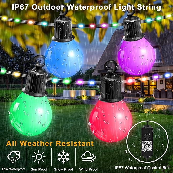 Smart Outdoor String Lights 65.6Ft, RGB IC Color Changing LED Patio Light IP67 - Image 5