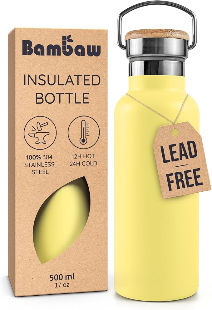 Bambaw 16 oz Insulated Water Bottle, Double Wall Stainless Steel Water Bottle by Bambaw