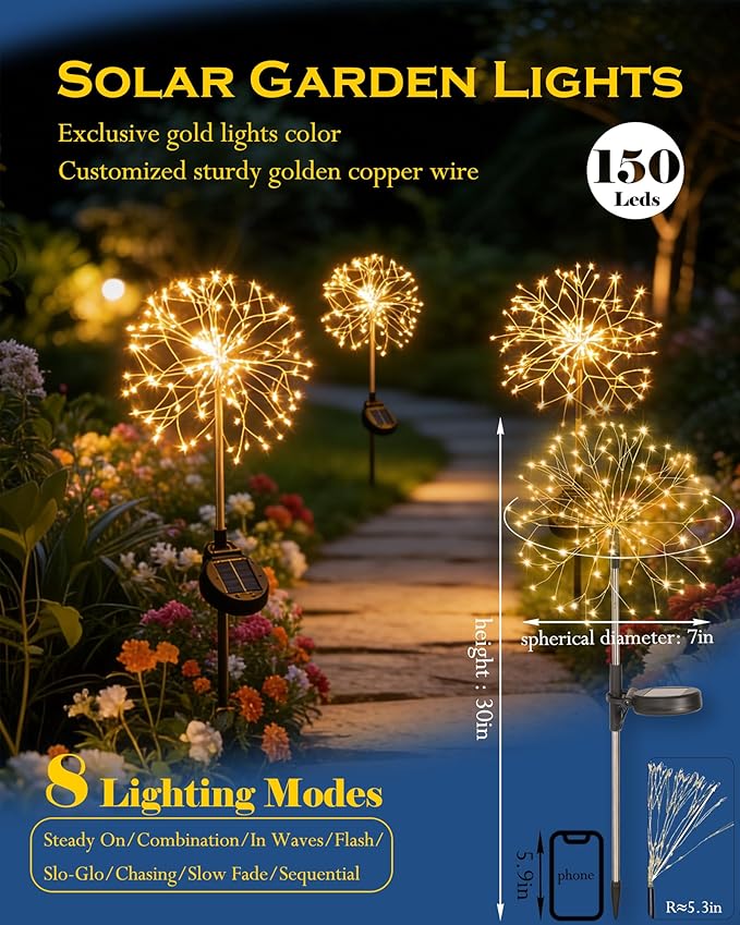 Solar Garden Lights Outdoor Yard Decorations, 8 Pack 150Leds Pathway Lights - Image 2