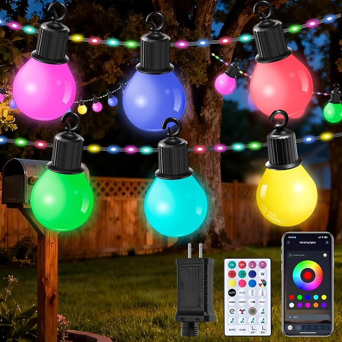 Smart Outdoor String Lights 65.6Ft, RGB IC Color Changing LED Patio Light IP67 by HOUHUI