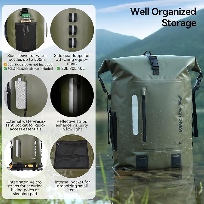 MARCHWAY Roll Top Waterproof Backpack, Floating Dry Bag 20L/30L/45L - Image 2