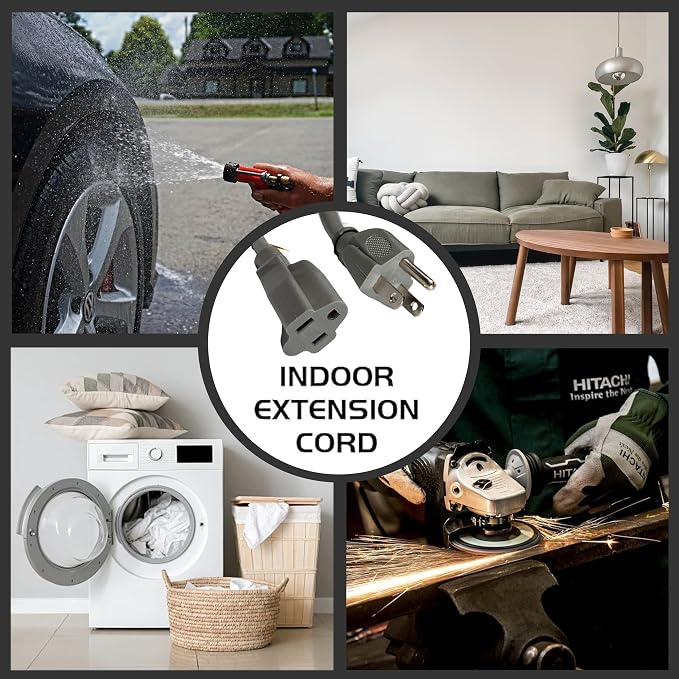 Indoor Outdoor Extension Cord Weatherproof, UL Certified, 16 Gauge 8FT Grey 3 - Image 5