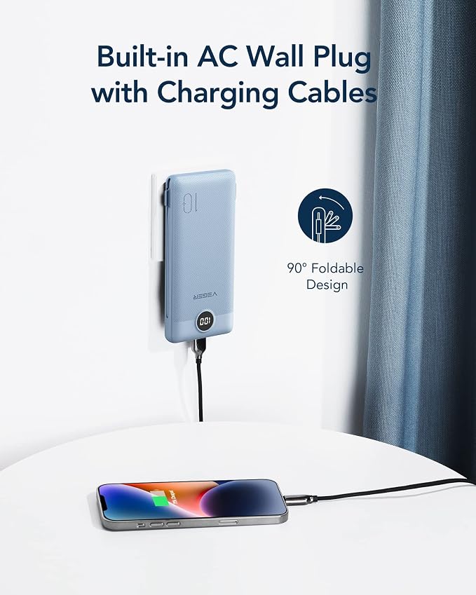 VEGER Portable Charger with Built-in AC Plug and Cables, All in One 10000mAh - Image 3