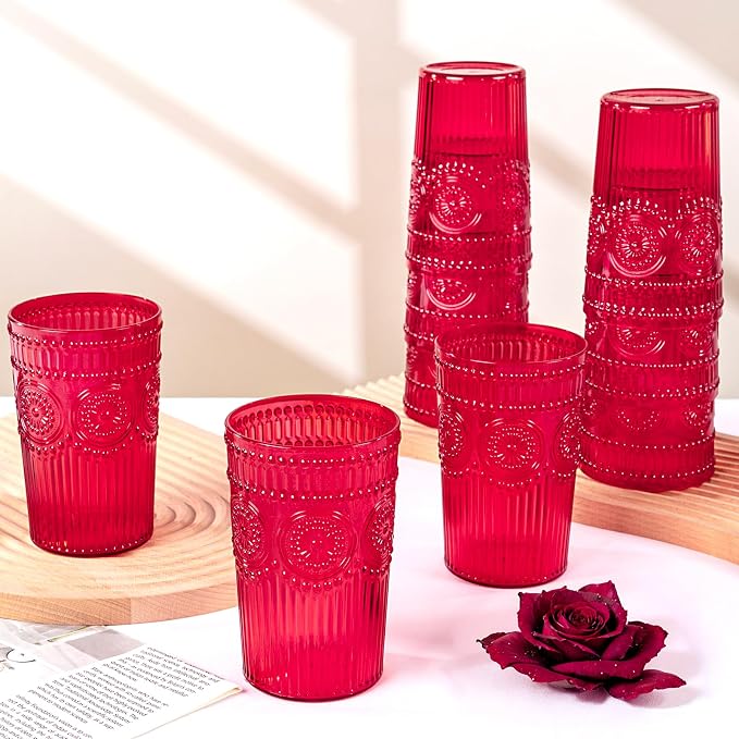 Ciaell 12 Pack Romantic Plastic Water Glasses - 14 Oz Red Vintage Drinking - Image 4