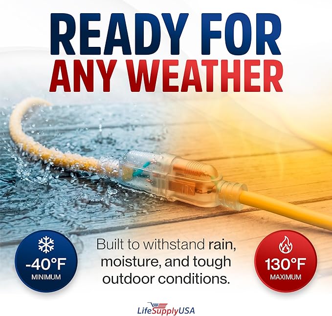 10ft Outdoor/Indoor Extension Cord 16/3 Gauge Heavy Duty 3 Prong SJTW, - Image 5