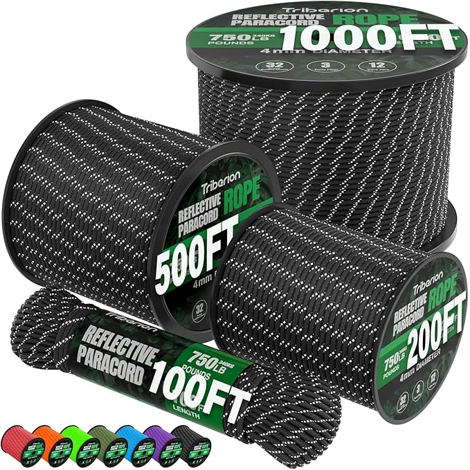 Reflective Paracord Rope 750 lb - 100ft 5/32" Parachute Cord 4MM 12-Strand para by Triberion
