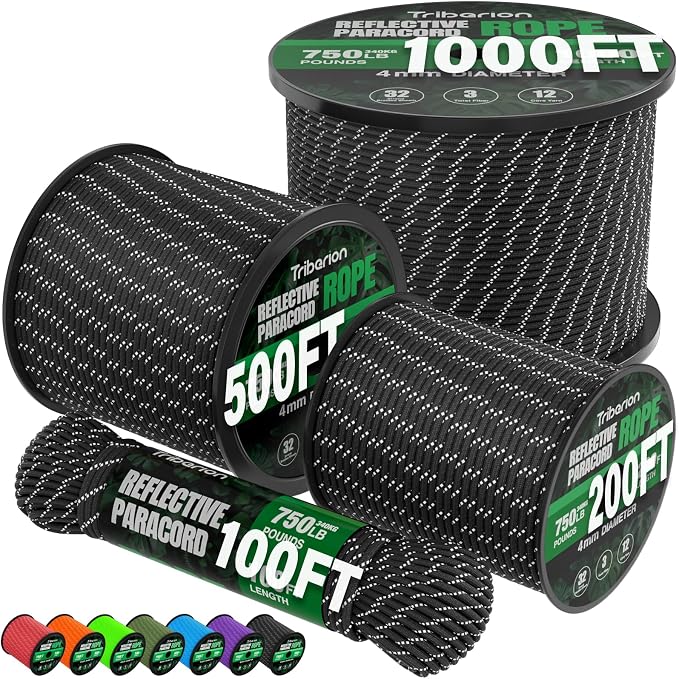 Reflective Paracord Rope 750 lb - 50ft 5/32" Parachute Cord 4MM 12-Strand para by Triberion