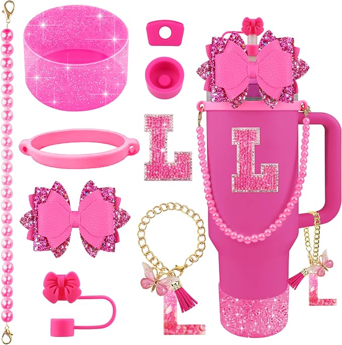 9PCS Hot Pink for Stanley Cup Accessories Set Bling Initials Bow Charms for by Unknown