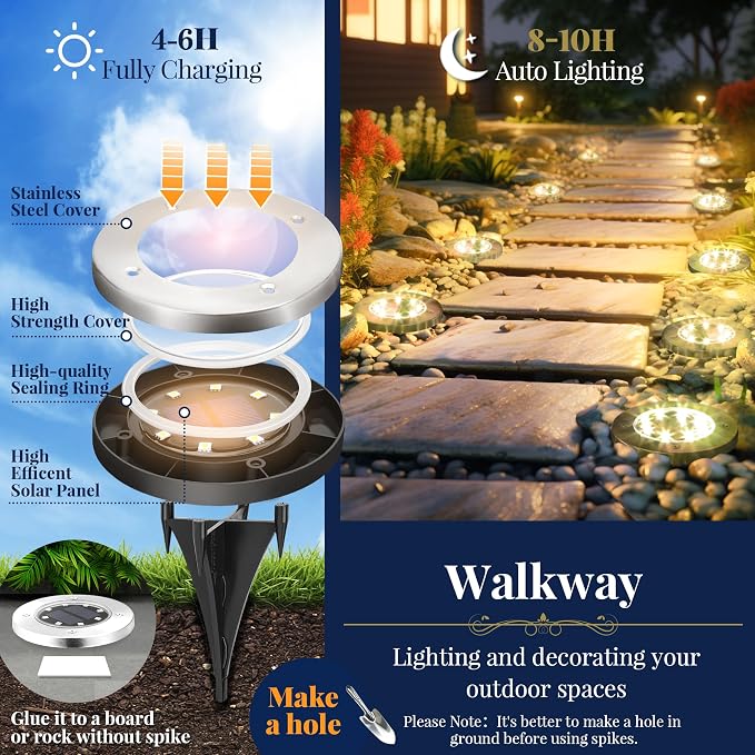 SOLPEX Solar Ground Lights, 12 Pack Solar Lights Outdoor Waterproof, 8 LED - Image 3