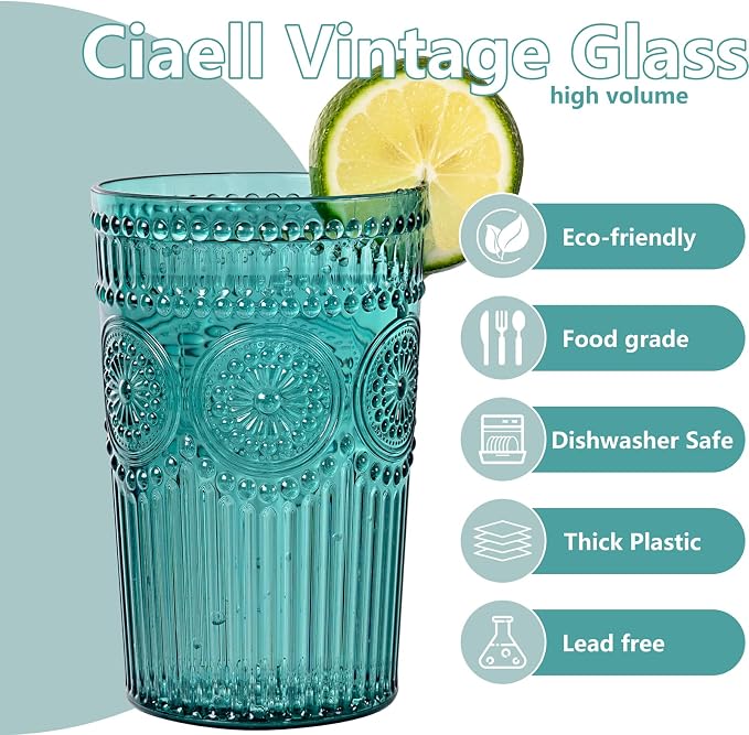 Ciaell 12 Pack Romantic Plastic Water Glasses - 14 Oz Green Vintage Drinking - Image 3