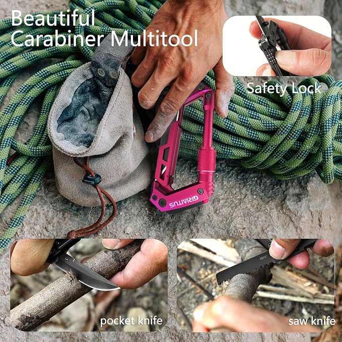 Dark Pink Color Multitool Carabiner EDC Pocket Multi-tool Knife Gifts - Image 3
