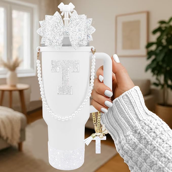 9PCS White for Stanley Cup Accessories Set Bling Initials Bow Charms for - Image 2