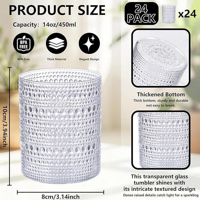 YOUBET 24PCS Plastic Hobnail Drinking Glasses - 14 Oz Clear Vintage Glasses - Image 2