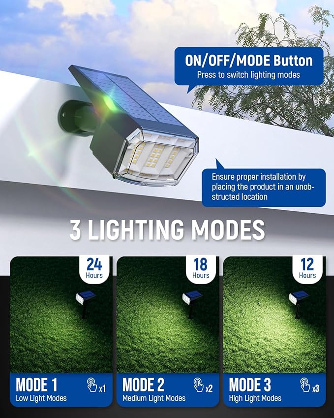 AUDERWIN Solar Spot Lights Outdoor 63 LED 3 Lighting, Waterproof IP65 Modes - Image 2