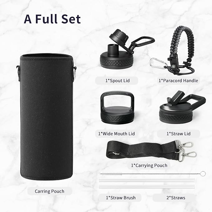 Trebo 40oz Water Bottle with 3 Lid and handle, Vacuum Insulated Stainless Steel - Image 7