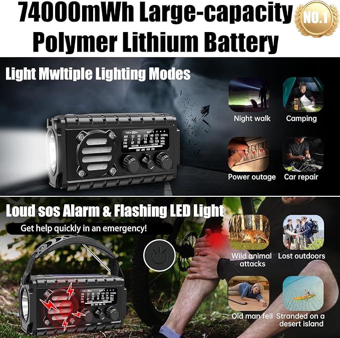 20000mah Hand Crank Emergency Radio, SW/NOAA/AM/FM Weather Radio, Solar Powered - Image 4