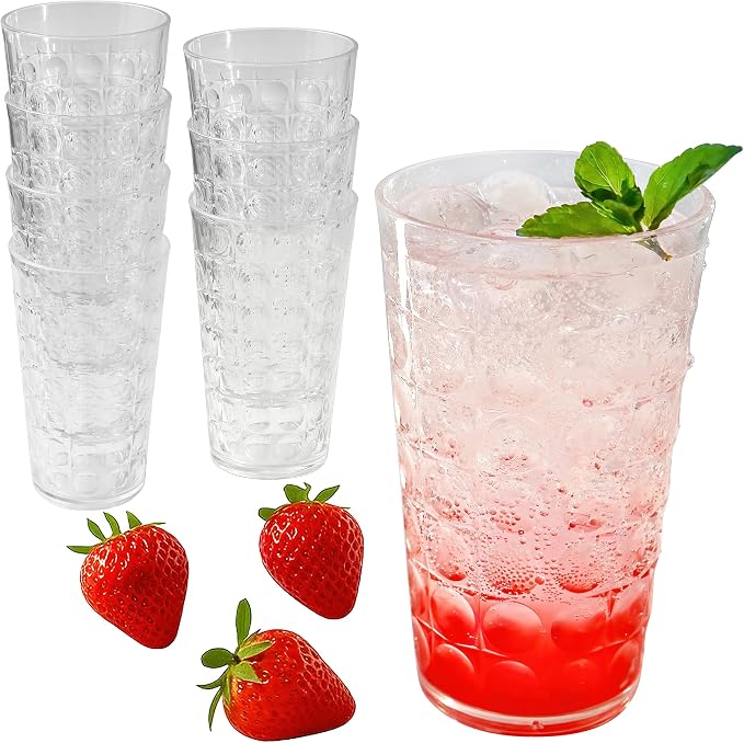 Kate Aspen Clear Plastic Drinking Glasses Set of 8, 19 oz, Hobnail Bubble by KateAspen