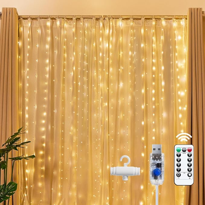 Brightown 300 LED Fairy Curtain Lights, 9.8ft x 9.8ft Warm White Curtain String by Brightown