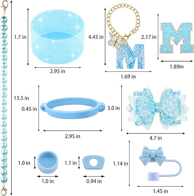 9PCS Blue for Stanley Cup Accessories Set Bling Initials Bow Charms for Stanley - Image 3