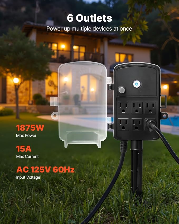 VEVOR Outdoor Power Stake, 15 FT Extension Cord, Outdoor Power Strip - Image 2
