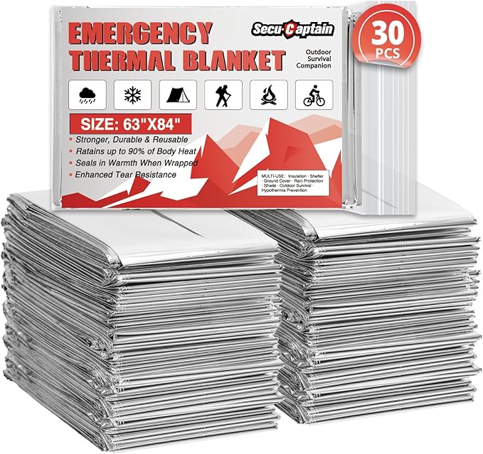 SecuCaptain Survival Emergency Thermal Blankets: 30 Pack Extra Large 84” x63” by SecuCaptain