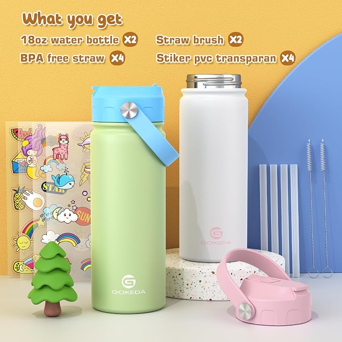 GoKEDA 18oz Kids Water Bottle, 2 Pack Insulated Bottles - Image 3
