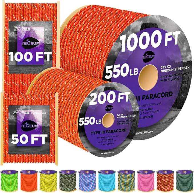 TECEUM Reflective Paracord Rope 1000 – 1000ft/200ft/100ft/50ft – 40+ Colors – by TECEUM