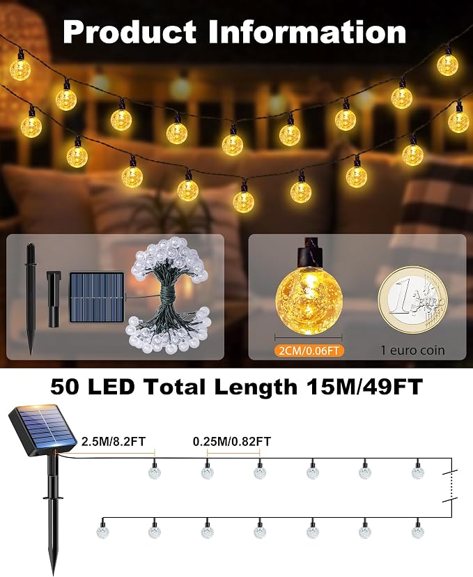 btfarm Solar String Lights Outdoor Waterproof, 50 LED 49 FT Solar Powered Patio - Image 2