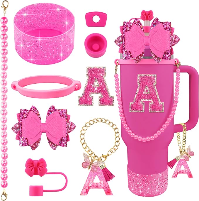 9PCS Hot Pink for Stanley Cup Accessories Set Bling Initials Bow Charms for by Unknown