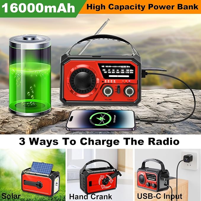 16000mAh Hand Crank Emergency Weather Radio - Image 4