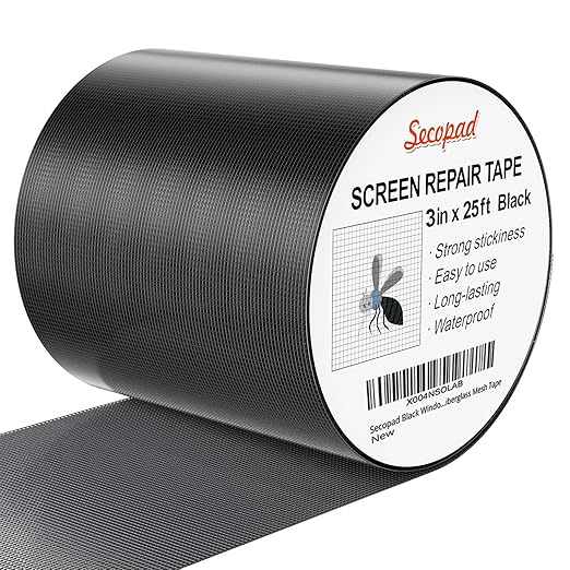 Secopad Black Window Screen Repair Tape, 3IN X 25FT Screen Repair Kit by Secopad