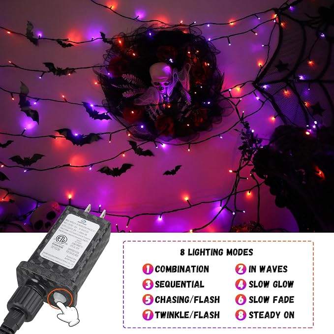 300LED 93 Ft Orange & Purple Halloween Lights 8 Modes Halloween Light Mini - Image 4