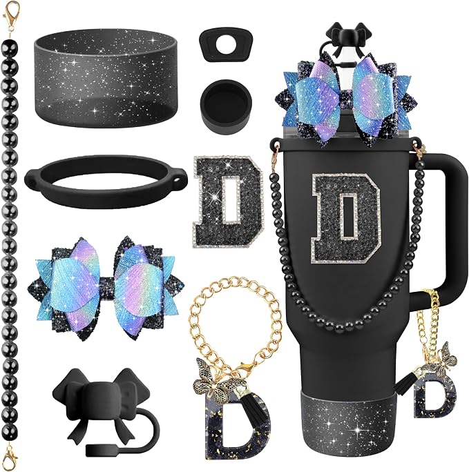 9PCS Black for Stanley Cup Accessories Set Bling Initials Bow Charms for by Unknown