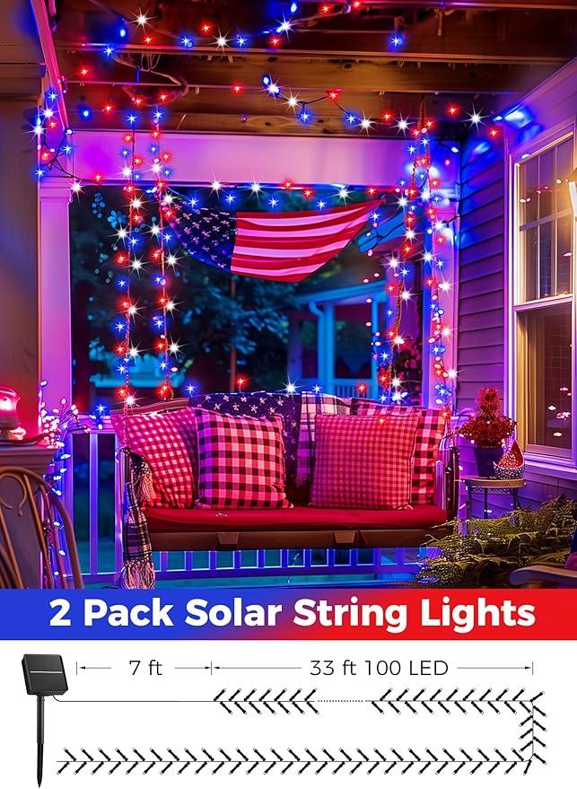 Minetom Red White Blue Lights, Waterproof Solar String Lights Outdoor, Solar - Image 2