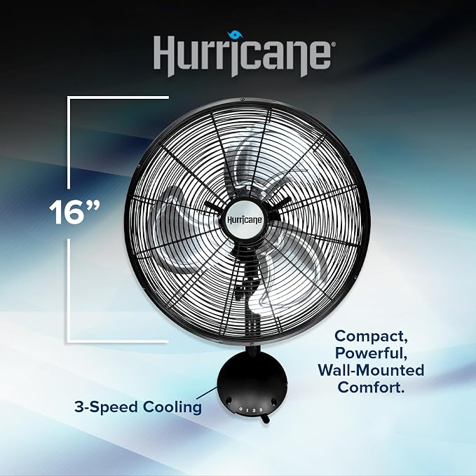 Hurricane 16" High Velocity Pro Oscillating Metal Wall Mount Fan w/ 3 Speeds - Image 2