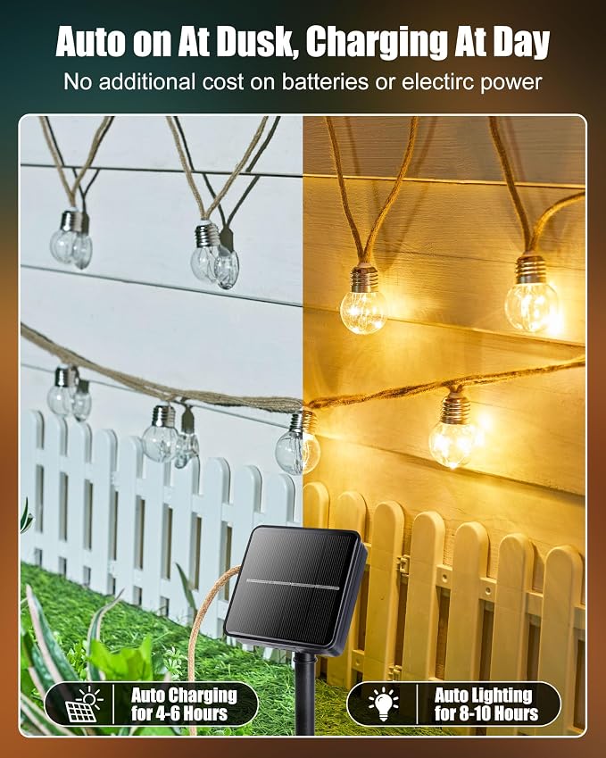 Brightown Solar String Lights Outdoor, 30Ft Vintage Hemp Rope Solar Patio Lights - Image 5