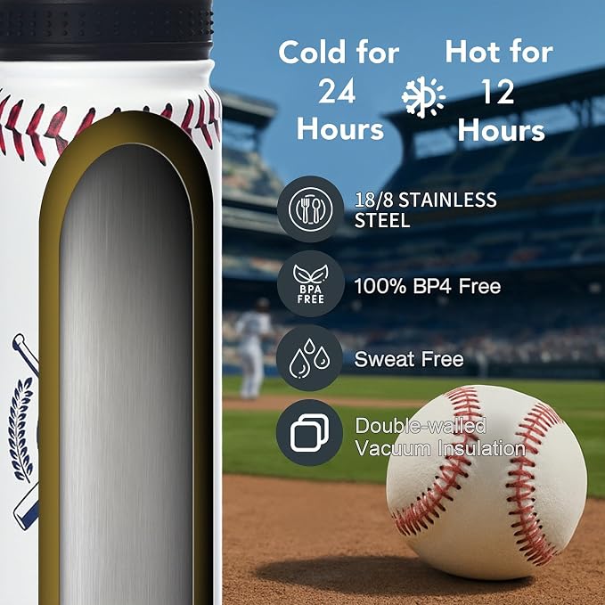 Baseball Water Bottle, 24 oz Insulated Stainless Steel Sports Bottle - Image 6