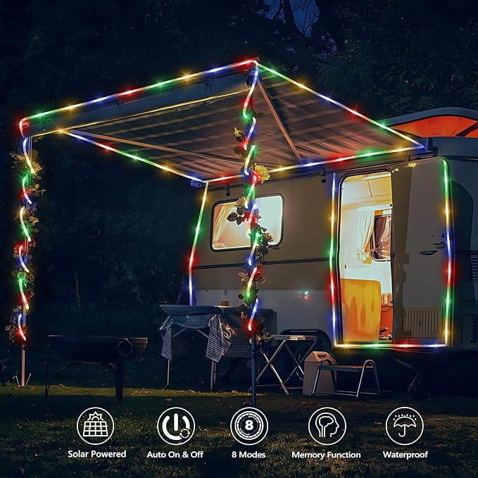 Solar Rope Lights, 66ft 200LED Solar String Lights, 8 Modes Waterproof Solar - Image 2