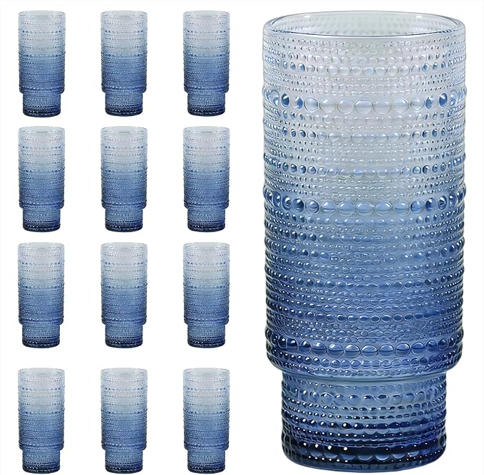 Large Capacity 16 oz Hobnail Drinking Glasses Set of 12, Vintage Glassware by Cowjut