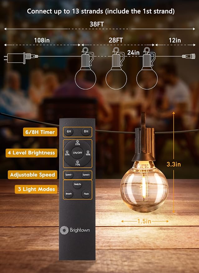 Brightown Outdoor String Lights, 38FT 15 Shatterproof LED Bulbs - Image 2