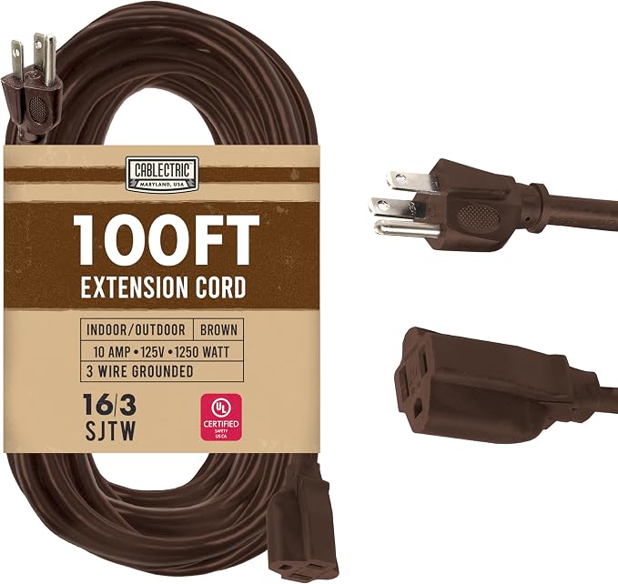 Brown 100' Extension Cord, 16/3 Heavy Duty Cable by Cablectric