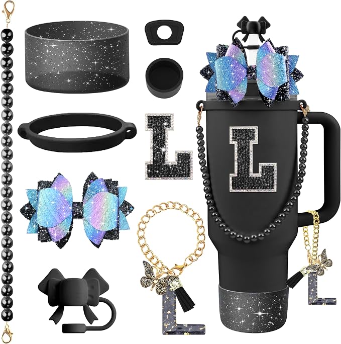 9PCS Black for Stanley Cup Accessories Set Bling Initials Bow Charms for by Unknown