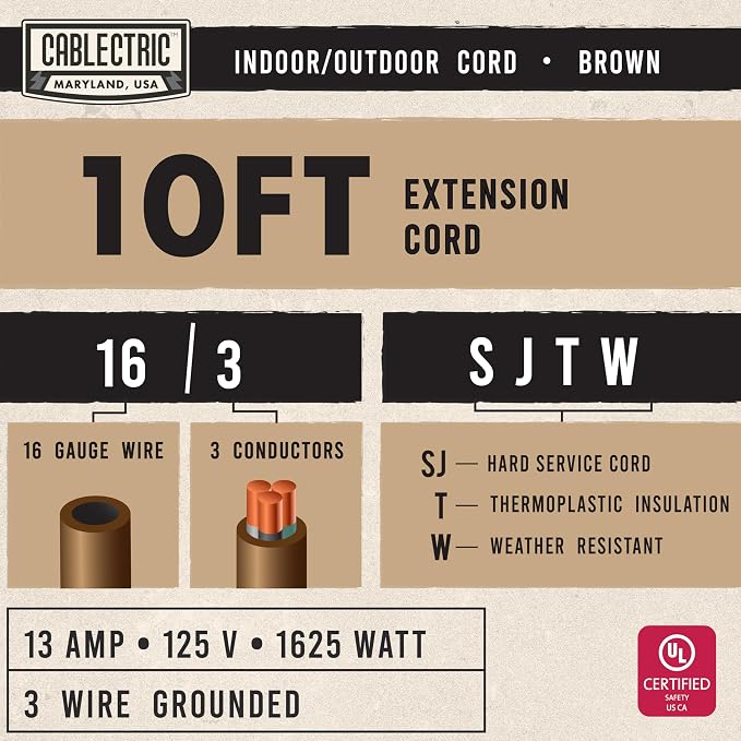 Brown Outdoor Extension Cord 10 ft, Weatherproof Heavy Duty 16 Gauge Extension - Image 2