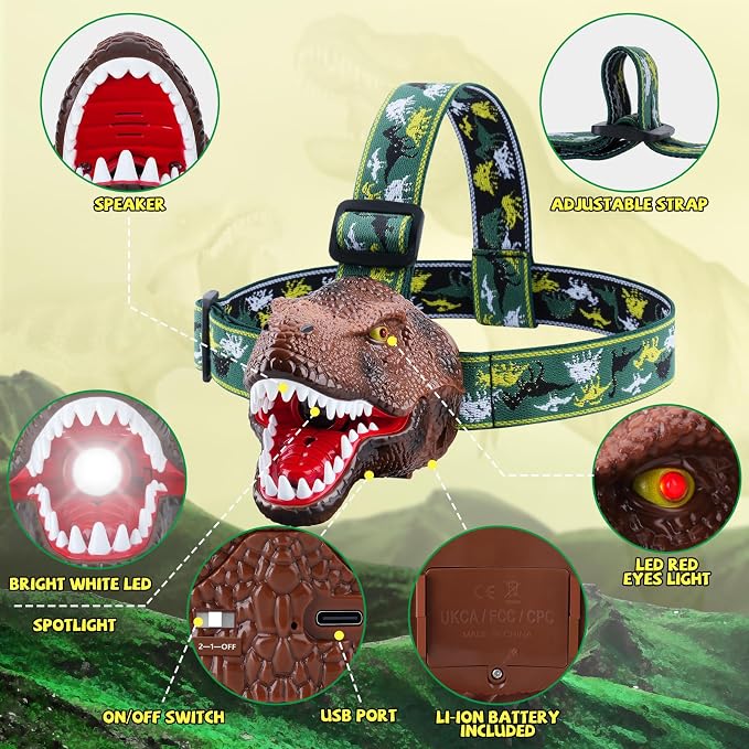 Nitigo Dinosaur Headlamp for Kids Flashlight 2 Pack, Rechargeable Led - Image 2