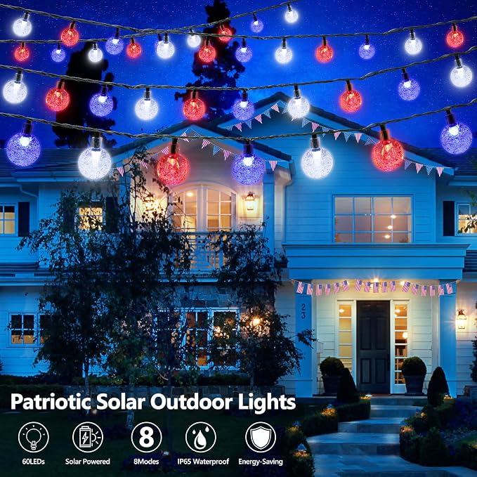 Joomer 4th of July Red White Blue Solar String Lights, 39FT 60LED Waterproof - Image 7