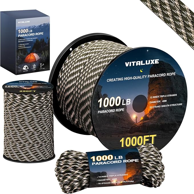 1000lb Paracord Rope, 4mm 12 Triple Strands Paracord, Heavy Duty Tactical by VITALUXE