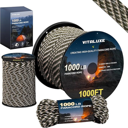 1000lb Paracord Rope, 4mm 12 Triple Strands Paracord, Heavy Duty Tactical by VITALUXE